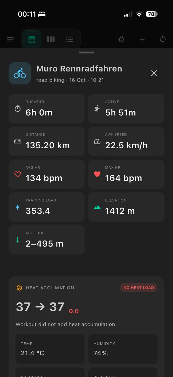 Fjelia cycling activity with distance, duration, heart rate and training load