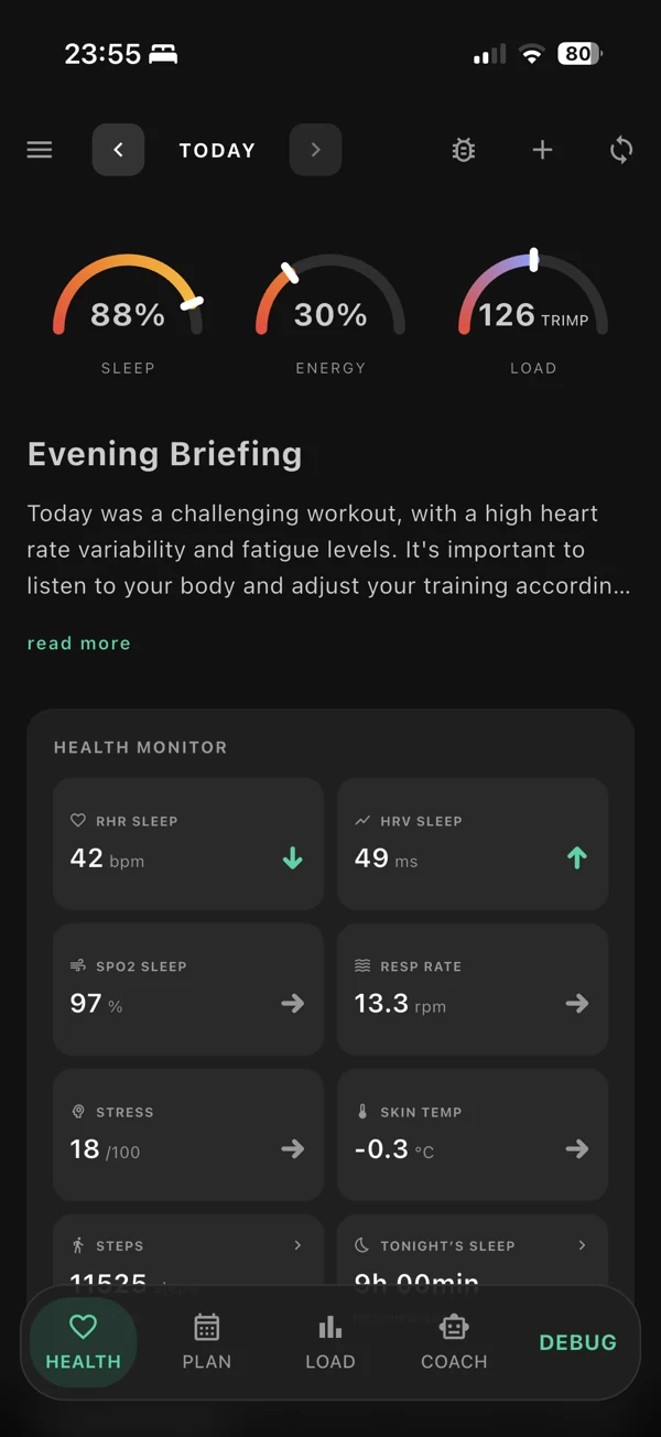 Fjelia daily overview with colourful sleep, energy and load gauges, a daily briefing and health trends