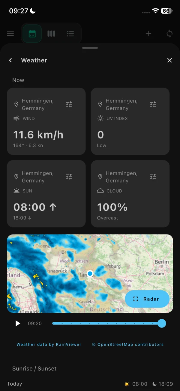 Weather view with wind and cloud conditions, a rain radar map, and visible RainViewer and OpenStreetMap attribution.