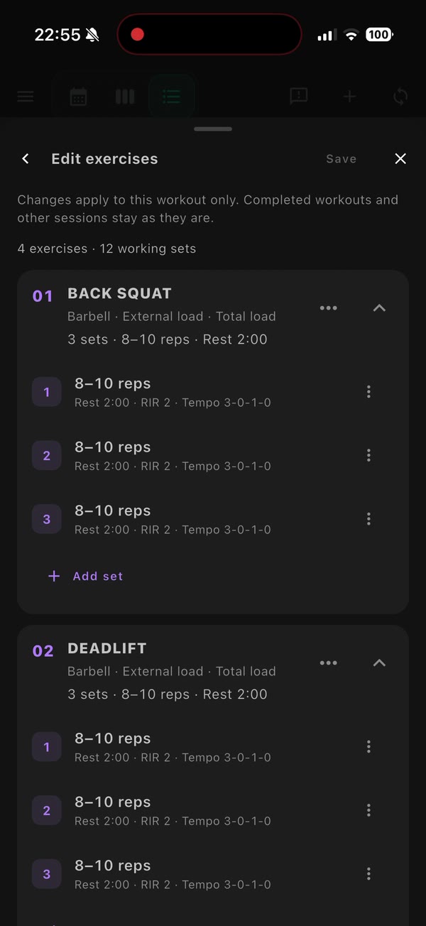 Strength exercise editor with sets, rep ranges, rest and effort.